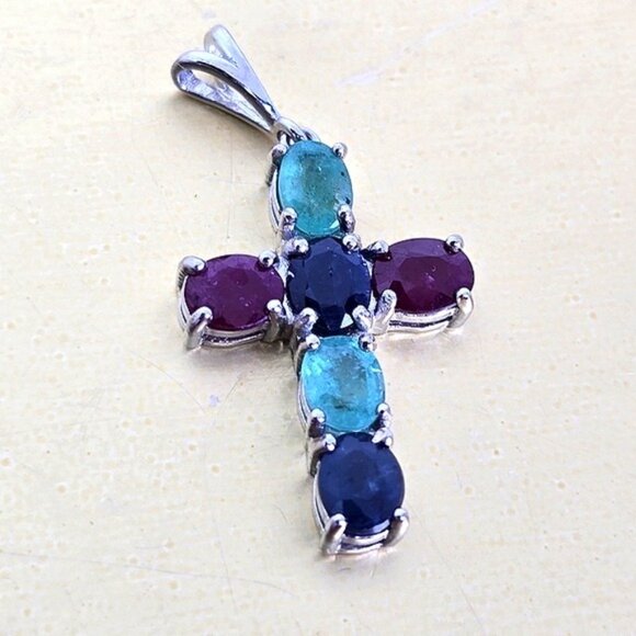925 Sterling Silver Cross Pendant 1.5x2cm with Natural Sapphire, Emerald, Ruby - Picture 6 of 6